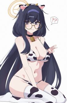 1girl ? ?? absurdres animal_ear_hairband animal_ears animal_print artist_request bare_shoulders bell bikini black_hair blue_archive blue_eyes blush breasts choker cleavage collarbone commentary cow_ear_hairband cow_ears cow_print cow_print_bikini cow_print_thighhighs crossed_bangs fake_animal_ears fake_horns glasses groin hair_between_eyes hairband halo highres horn_hairband horns long_hair looking_at_viewer medium_breasts navel neck_bell nervous_smile print_bikini print_thighhighs purple_hairband round_eyewear sitting smile solo swimsuit thighhighs thighs ui_(blue_archive) v yellow_halo