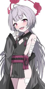 1girl arm_behind_back bandaged_arm bandaged_hand bandages bare_shoulders black_kimono black_nails blue_archive blunt_bangs blush cleavage_cutout clothes_down clothing_cutout cowboy_shot fangs flat_chest furrowed_brow gauze gauze_on_cheek grey_hair halo halulu hand_up highres japanese_clothes kimono long_hair looking_at_viewer no_panties obi open_mouth pink_eyes pointy_ears sash shuro_(blue_archive) sideless_outfit simple_background smile solo teeth upper_teeth_only white_background wide_sleeves