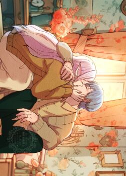 Rule 34 | 1boy, 1girl, arm around neck, blue hair, brown cardigan, cardigan, closed eyes, collared shirt, commentary request, couple, curtains, dress, elf, frieren, green pants, grey cardigan, grey hair, hair between eyes, hand on another's cheek, hand on another's face, hetero, highres, himmel (sousou no frieren), indoors, jewelry, kiss, light blush, long dress, long hair, mole, mole under eye, pants, parted bangs, pointy ears, ring, shirt, short hair, sousou no frieren, tm102tm, wallpaper (object), white dress, yellow shirt