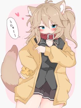 1girl absurdres animal_collar animal_ear_fluff animal_ears black_shirt blue_eyes blush cardigan cat_ears collar collarbone cowboy_shot fang hair_between_eyes heart highres kasukabe_tsumugi long_hair long_sleeves looking_at_viewer michishi_reube open_clothes open_mouth pleated_skirt red_collar shirt skin_fang skirt solo speech_bubble tail two-tone_background voicevox yellow_cardigan