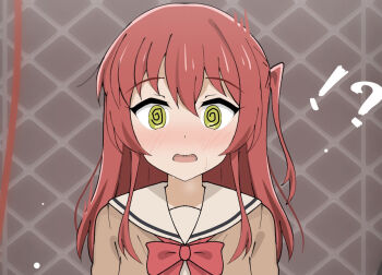 !? 1girl @_@ blush bocchi_the_rock! bow bowtie breath brown_shirt chain-link_fence fence green_eyes kita_ikuyo long_hair long_sleeves looking_at_viewer open_mouth poa_mellhen ponytail red_bow red_bowtie red_hair school_uniform shirt side_ponytail standing surprised sweat trembling upper_body