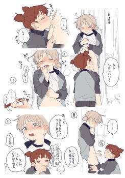 ! ... 2girls aki_(girls_und_panzer) black_shorts blue_eyes blush brown_eyes brown_hair censored closed_eyes clothes_pull commentary_request dayama fellatio futa_with_female futanari girls_und_panzer girls_und_panzer_gekijouban highres jacket long_sleeves mikko_(girls_und_panzer) multiple_girls navel nose_blush open_mouth oral penis revision saliva shirt short_hair short_twintails shorts shorts_pull speech_bubble spoken_ellipsis spoken_exclamation_mark standing tears translated twintails wavy_mouth