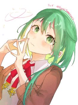 1girl badge blazer blush collared_shirt green_eyes green_hair higasisometimes highres jacket kumugi_(madan_no_ichi) looking_at_viewer madan_no_ichi neck_ribbon ponytail red_ribbon ribbon shirt solo sparkling_eyes steepled_fingers twitter_username white_shirt