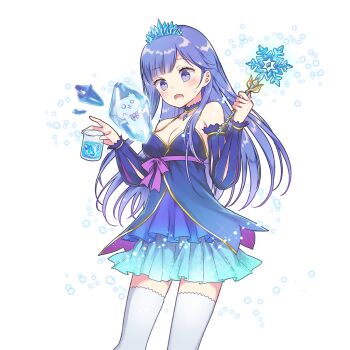 1girl bare_shoulders blue_dress blue_hair breasts cleavage commentary_request detached_sleeves dress fairy holding holding_wand ice long_hair purple_eyes riona_(uchihime) thighhighs tiara uchi_no_hime-sama_ga_ichiban_kawaii wand white_thighhighs wogura