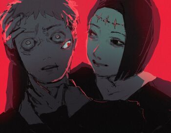 1boy 1girl black_hair breasts extra_eyes itadori_kaori itadori_yuuji jujutsu_kaisen kenjaku koha_dasuima medium_breasts mother_and_son red_background red_eyes ryoumen_sukuna_(jujutsu_kaisen) scar_on_lip short_hair stitched_forehead upper_body