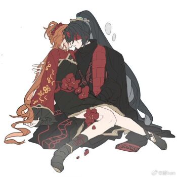 Rule 34 | 1boy, 1girl, bandage over one eye, black coat, black dress, black hair, black shoes, camellia, coat, commentary request, death, dress, family hierarch candidate (identity) (project moon), flower, frilled sleeves, frills, gold trim, high ponytail, hong lu (project moon), ishmael (project moon), kon917588245825, limbus company, long hair, orange hair, ponytail, project moon, red bandage, red flower, red shrug, shoes, shrug (clothing), simple background, sitting, sitting on lap, sitting on person, very long hair, white background