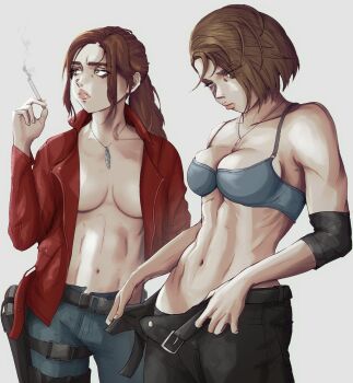 2girls bare_shoulders belt bra breasts brown_hair cigarette claire_redfield denim green_eyes highres jeans jill_valentine large_breasts lips long_hair long_sleeves medium_breasts multiple_girls open_clothes pants pon resident_evil resident_evil_2 resident_evil_2_(remake) resident_evil_3:_nemesis resident_evil_3_(remake) short_hair smoking underwear undressing white_background yoracrab