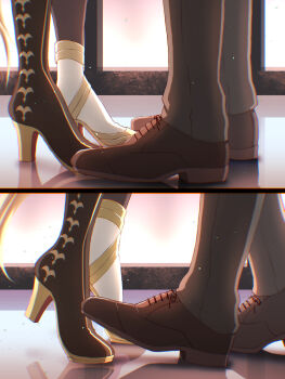 1boy 1girl asymmetrical_footwear black_boots boots brown_shoes commentary_request grey_pants high_heel_boots high_heels highres horse_girl horse_tail mismatched_footwear orfevre_(umamusume) pants shoes tail trainer_(umamusume) umamusume white_boots yue_(lov_n_n)