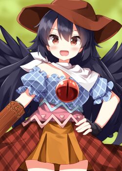 1girl :d arm_cannon black_gloves black_hair blue_shirt blush breasts brown_hat cleavage commentary_request cosplay cowboy_shot fingerless_gloves gloves green_background hand_on_own_hip hat highres kurokoma_saki kurokoma_saki_(cosplay) long_hair looking_at_viewer neckerchief open_mouth plaid_clothes plaid_shirt plaid_skirt red_eyes red_skirt reiuji_utsuho ruu_(tksymkw) shirt short_sleeves skirt smile solo third_eye touhou weapon white_neckerchief