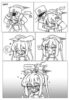 ... 0dot001hz 1boy 1girl ? absurdres armband arms_up blue_archive buttons commentary_request despair disembodied_hand doodle_sensei_(blue_archive) double-breasted drink_carton earrings fang flinch gauze gauze_on_cheek gauze_on_face halo happy hat headpat heart highres holding holding_milk_carton jewelry kepi korean_commentary korean_text military_hat milk milk_carton monochrome nozomi_(blue_archive) pointy_ears sensei_(blue_archive) single_earring speech_bubble spilling spoken_ellipsis spoken_question_mark thought_bubble translation_request