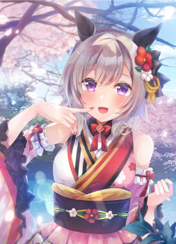 1girl amane7gisa animal_ears bare_shoulders cherry_blossoms commentary_request curren_chan_(umamusume) flower hair_flower hair_ornament highres horse_ears horse_girl looking_at_viewer nail_polish open_mouth purple_eyes sky smile tree umamusume white_hair