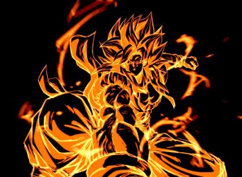 Rule 34 | 1boy, araaaa453, aura, black background, body fur, cropped vest, dragon ball, dragon ball gt, gogeta, hashtag-only commentary, highres, long hair, male focus, metamoran vest, muscular, muscular male, no shirt, orange theme, pants, sash, simple background, solo, spiked hair, super saiyan, super saiyan 4, vest