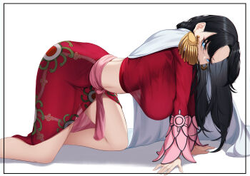 all_fours ass bent_over bikini black_hair blue_eyes blueorca boa_hancock breasts dress kneeling large_breasts looking_at_viewer navel one_piece swimsuit