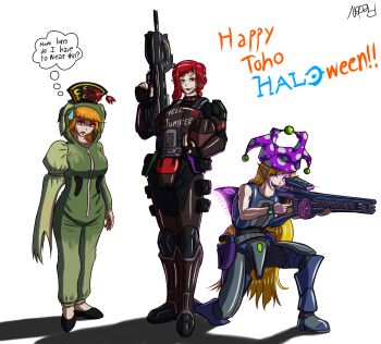 Rule 34 | 3girls, artist name, battle rifle, beam rifle, black shoes, blonde hair, body armor, bullpup, clownpiece, directed-energy weapon, drop shadow, energy gun, energy weapon, english text, face paint, flood (halo) (cosplay), gun, halloween costume, halo (series), hecatia lapislazuli, junko (touhou), long hair, multiple girls, odst (cosplay), onesie, plasma pistol, purple eyes, red eyes, red hair, rifle, shoes, speech bubble, thought bubble, touhou, very long hair, weapon, webp-to-png conversion