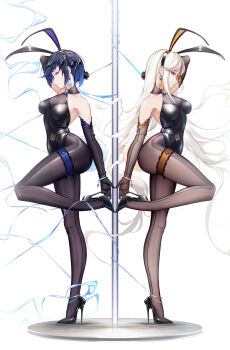 2girls absurdres alternate_costume animal_ears anklet arm_up armpits ass bare_shoulders black_choker black_footwear black_gloves black_legwear black_leotard blue_eyes blue_hair bob_cut bracelet breasts choker covered_navel diagonal_bangs dice dice_earrings earrings elbow_gloves fake_animal_ears gem genshin_impact gloves hair_ornament hd-hlh-3h high_heels highleg highleg_leotard highres holding holding_string jewelry legs leotard long_hair looking_at_viewer medium_breasts mole mole_on_breast multiple_girls ningguang_(genshin_impact) pantyhose parted_bangs platform playboy_bunny pole pumps rabbit_ears red_eyes shiny_clothes shoes short_hair sidelocks smile standing standing_on_one_leg stiletto_heels string stripper_pole symmetrical_pose tassel tassel_hair_ornament thigh_strap thighs very_long_hair white_background white_hair yelan_(genshin_impact)