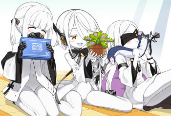 3girls :3 :d ^_^ black_mask blindfold blue_archive blunt_bangs blush closed_eyes closed_mouth colored_skin commentary_request covered_navel ein_(blue_archive) hair_over_one_eye hayanye highres holding holding_plant jacket long_hair long_sleeves mask multiple_girls ohr_(blue_archive) open_mouth plant short_hair sitting smile sof_(blue_archive) tail twintails white_hair white_jacket white_skin