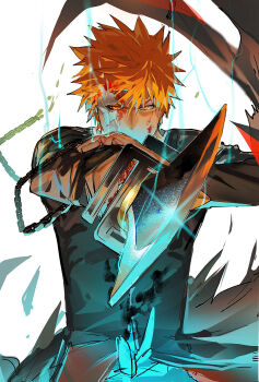 1boy aiming aiming_at_viewer black_robe bleach blood blood_on_clothes blood_on_face blood_on_hands bruise bruise_on_face chain chamsut0905 disintegration hair_between_eyes hand_on_own_wrist highres holding holding_sword holding_weapon injury kurosaki_ichigo looking_at_viewer male_focus mask orange_eyes orange_hair robe shihakusho short_hair simple_background solo spiked_hair striped_robe sword weapon white_background white_mask