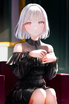 Rule 34 | 1girl, absurdres, bare shoulders, black dress, blurry, blurry background, bob cut, dress, frilled dress, frills, halter dress, halterneck, hands up, highres, jizell, looking at viewer, original, parted lips, pink eyes, semi-transparent dress, short hair, sidelighting, signature, sitting, solo, straight hair, white hair