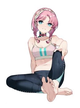 1girl admiralkeyes arknights bare_arms bare_shoulders barefoot black_pants blue_eyes blue_poison_(arknights) blue_poison_(shoal_beat)_(arknights) braid breasts bright_pupils camisole collar commentary crop_top earrings fingernails full_body highres jewelry leggings long_fingernails long_hair looking_at_viewer medium_breasts midriff official_alternate_costume pants pink_collar pink_hair sitting sleeveless smile soles solo spaghetti_strap sports_bra stomach symbol-only_commentary teeth toenails toes twin_braids wet_pants white_background white_pupils