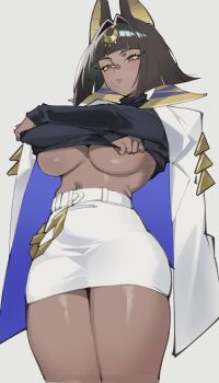 1girl :/ animal_ears belt black_sweater blue_coat blunt_bangs blunt_ends breasts brown_eyes brown_hair closed_mouth clothes_lift coat coat_on_shoulders commentary cowboy_shot crescent crescent_hair_ornament dark-skinned_female dark_skin english_commentary hair_intakes hair_ornament highres large_breasts legs_together lifting_own_clothes long_sleeves looking_down miniskirt multicolored_coat navel open_clothes open_coat original pencil_skirt short_hair simple_background sin_(sintrybest) skirt solo standing sweater sweater_lift turtleneck turtleneck_sweater two-sided_coat two-sided_fabric two-tone_coat white_background white_belt white_coat white_skirt