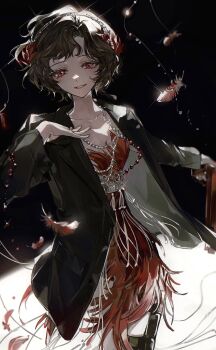 Rule 34 | 1girl, absurdres, black background, black coat, black hair, coat, cowboy shot, dress, evl 1230, falling feathers, feather dress, feather hair ornament, feathers, grin, gun, hair ornament, hand on own chest, hand up, handgun, highres, holding, holding gun, holding weapon, holster, jewelry, looking at viewer, necklace, red dress, red eyes, red feathers, reverse:1999, schneider (reverse:1999), short dress, short hair, smile, solo, thigh holster, weapon