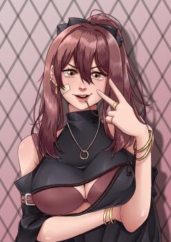 Rule 34 | 1girl, absurdres, arm under breasts, bandaid, bandaid on cheek, bandaid on face, bare shoulders, black jacket, bra, bracelet, breasts, brown bra, brown eyes, brown hair, commentary, double-parted bangs, draw this in your style challenge, ear piercing, english commentary, face piercing, hair between eyes, hand up, highres, jacket, jewelry, kuraedo, large breasts, lip piercing, long hair, looking at viewer, necklace, nose, open mouth, original, piercing, ring, smile, solo, underwear, upper body, v, zipper, zipper pull tab