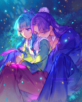 Rule 34 | 1boy, 1girl, artist name, chinese clothes, closed eyes, closed mouth, commentary request, copyright name, highres, hug, hug from behind, jinshi (kusuriya no hitorigoto), kusuriya no hitorigoto, lips, long hair, maomao (kusuriya no hitorigoto), orange sekaii, pink lips, sitting, sitting on lap, sitting on person, tears, very long hair, wide sleeves