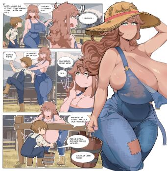 blue_overalls breasts bucket delicia hat highres lactation large_breasts non-web_source overalls straw_hat wooden_bucket