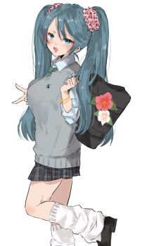1girl alternate_costume aqua_eyes bag black_shoes blue_hair breasts chigasaki_yukari closed_mouth commentary_request flower grey_sweater_vest hair_ornament hair_scrunchie highres isuzu_(kancolle) kantai_collection large_breasts leg_warmers long_hair looking_at_viewer open_mouth pink_flower plaid_clothes plaid_skirt school_bag school_uniform scrunchie shirt shoes simple_background skirt solo sweater_vest twintails v white_background white_flower white_shirt