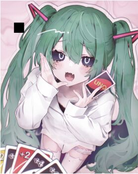 1girl :d absurdres animal_ear_legwear artist_name black_bra black_sclera black_thighhighs blush borrowed_clothes bra bra_peek breasts card cat_ear_legwear collarbone colored_sclera dress_shirt drooling eyelashes fang foreshortening frilled_thigh_strap from_above green_hair grey_outline hair_between_eyes hair_ornament hands_on_own_face hatsune_miku heart heart_in_mouth highres holding holding_card imminent_uno_loss_(meme) lace lace-trimmed_bra lace_trim long_hair looking_at_viewer looking_up meme mesugaki mimukauwa_nice_try_(vocaloid) mouth_drool no_pants open_mouth outline pink_background pov raised_eyebrows se_se_(sese_9) shirt signature sitting skin_fang small_breasts smile smug solo square thigh_strap thighhighs twintails underwear uno_(game) very_long_hair vocaloid wariza wavy_mouth white_eyes white_shirt
