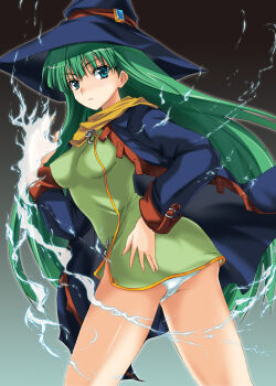1girl commentary_request green_eyes green_hair hand_on_own_hip hat long_hair magic masou_shizuka noba_(veronicanoha) panties rance_(series) sengoku_rance solo underwear witch_hat
