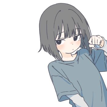 1girl bag black_eyes blue_shirt blunt_bangs blush bob_cut expressionless flat_color grey_hair half-closed_eyes holding_strap layered_clothes lineart long_sleeves_under_shirt looking_at_viewer original oversized_clothes oversized_shirt shirt short_hair short_sleeves shoulder_bag simple_background sketch solo t-shirt teruteru_desu upper_body white_background white_sleeves