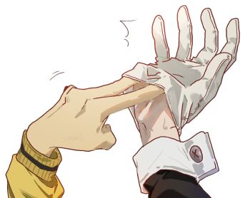 Rule 34 | 1boy, 1girl, ^^^, black jacket, black sleeves, commentary request, gloves, hand focus, hetero, jacket, korean commentary, long sleeves, maka albarn, pyoppyop omori, simple background, sleeve cuffs, soul eater, soul evans, sweatdrop, white background, white gloves, yellow jacket, yellow sleeves