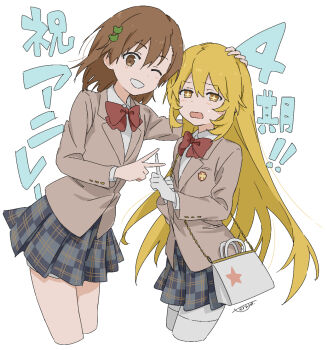 2girls ;) aged_down announcement_celebration bag blazer blonde_hair bow bowtie bright_pupils brown_eyes brown_hair brown_jacket collared_shirt commentary cropped_legs frog_hair_ornament gekota gloves grey_skirt hair_between_eyes hair_ornament hairpin hand_on_another&#039;s_head handbag height_difference highres jacket long_hair long_sleeves looking_at_viewer medium_hair misaka_mikoto multiple_girls no_print one_eye_closed open_mouth parted_lips plaid_clothes plaid_skirt red_bow red_bowtie school_emblem school_uniform shirt shokuhou_misaki shorts shorts_under_skirt signature skirt smile star-shaped_pupils star_(symbol) star_print symbol-shaped_pupils teruya_(6w6y) thighhighs toaru_kagaku_no_railgun toaru_majutsu_no_index tokiwadai_school_uniform v very_long_hair white_background white_gloves white_shirt white_thighhighs winter_uniform yellow_eyes yellow_pupils