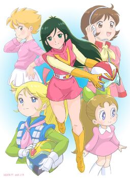 5girls aki_(zambot_3) artist_name belt blonde_hair blue_eyes blue_vest boots bow brown_eyes brown_hair choudenji_robo_combattler_v closed_mouth collared_dress commentary_request creator_connection cropped_legs cropped_torso crossover dated dress fraw_bow full_body gloves green_bow green_eyes green_hair green_shirt gundam hair_bow hand_on_own_hip hand_up headphones headset helmet highres holding holding_unworn_helmet jacket kamikita_keiko kneehighs long_hair looking_at_viewer looking_to_the_side miniskirt mizutani_kenta mobile_suit_gundam motoyui multiple_girls muteki_choujin_zambot_3 nanbara_chizuru neckerchief open_mouth pink_dress pink_jacket pink_neckerchief pink_sweater ponytail robokko_beeton shirt short_dress short_hair skirt smile socks standing standing_on_one_leg sweater unworn_headwear unworn_helmet urara_(robokko_beeton) very_long_hair vest white_belt white_skirt white_socks yellow_boots yellow_eyes yellow_gloves yellow_neckerchief