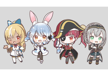 Rule 34 | 4girls, :d, ;d, animal ear fluff, animal ears, aobahosino, bare shoulders, black boots, black coat, black gloves, black hat, black pantyhose, black thighhighs, blonde hair, blue bow, blue hair, blue shoes, blush stickers, boots, bow, chibi, chibi only, closed mouth, coat, commentary, dark-skinned female, dark skin, double-parted bangs, dress, eyepatch, full body, fur-trimmed gloves, fur-trimmed shoes, fur trim, gloves, green eyes, green skirt, grey background, grey hair, hair bow, hand on own hip, hat, highres, hololive, hololive fantasy, houshou marine, letterboxed, long hair, long sleeves, looking at viewer, multicolored hair, multiple girls, off shoulder, one eye closed, open clothes, open coat, open mouth, outstretched arm, pantyhose, pirate hat, pleated skirt, rabbit ears, rabbit girl, red eyes, red hair, shiranui flare, shirogane noel, shoes, short hair, simple background, skirt, smile, standing, streaked hair, thick eyebrows, thighhighs, usada pekora, virtual youtuber, white dress, white hair, white shoes, white thighhighs, yellow eyes