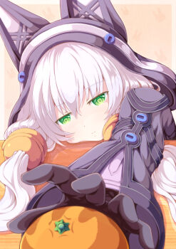 Rule 34 | 1girl, altina orion, animal ear hood, animal hood, binzume suika, closed mouth, commentary request, double-parted bangs, eiyuu densetsu, fake animal ears, food, fruit, green eyes, hair between eyes, hair flaps, highres, hood, long hair, mandarin orange, outstretched hand, reaching, sen no kiseki, sen no kiseki (series), sen no kiseki ii, simple background, white hair