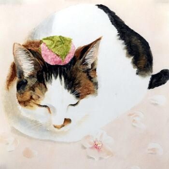 animal_focus cat closed_eyes commentary_request facing_viewer flower food_request full_body highres lying marker_(medium) no_humans on_stomach original petals ruchi_(nxje5533) traditional_media white_flower white_petals
