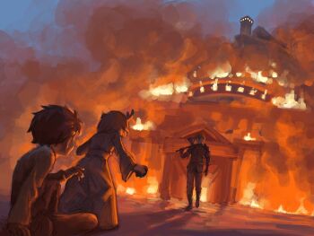 1girl 2boys antlers armor axe barusuthegoat brown_hair burning burning_building deer_antlers green_eyes green_shirt headband highres holding holding_axe horns japanese_clothes kimono multiple_boys natsuki_subaru orange_hair purple_kimono re:zero_kara_hajimeru_isekai_seikatsu shirt tanza_(re:zero) todd_fang vollachia