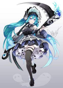 1girl ankle_strap aqua_hair arm_tattoo bandaged_arm bandages black_corset black_nails black_thighhighs blue_eyes blue_fire bone bone_hair_ornament bonnet bright_pupils bug candle commentary_request corset cross_hair_ornament detached_sleeves dress fire floating_hair full_body garter_straps ghost gothic_&amp;_horror_hatsune_miku_design_contest gradient_background grey_background grey_dress hair_ornament hatsune_miku heart highres holding holding_scythe invisible_floor legwear_garter long_hair looking_at_viewer scythe short_dress signature skull skull_tattoo sleeveless sleeveless_dress smile solo spider standing standing_on_one_leg tattoo thighhighs tongue tongue_out twintails tyouya underbust very_long_fingernails very_long_hair vocaloid white_background white_pupils wide_sleeves