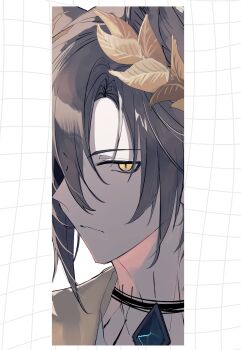 Rule 34 | 1boy, absurdres, arknights, brown hair, brown jacket, close-up, grid background, highres, jacket, laurel crown, looking at viewer, male focus, material growth, oripathy lesion (arknights), phantom (arknights), short hair, simple background, slit pupils, solo, tragodia (arknights), white background, yakota (usuk-yako), yellow eyes