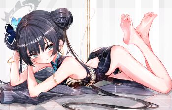 1girl a1u absurdres back_cutout barefoot black_dress black_hair blue_archive braid breasts bun_with_braided_base butterfly_hair_ornament china_dress chinese_clothes closed_mouth clothing_cutout coat double_bun dragon_print dress earrings feet feet_up grey_coat grey_eyes grey_halo hair_bun hair_ornament halo highres jewelry kisaki_(blue_archive) long_hair looking_at_viewer lying on_stomach print_dress revision small_breasts soles solo striped_coat the_pose toes twintails unworn_coat vertical-striped_coat