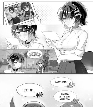 2girls 3d absurdres bangboo_(zenless_zone_zero) belle_(zenless_zone_zero) blush ellen_joe ellen_joe_(on_campus) english_text fingerless_gloves fins fish_tail game_screenshot_background game_screenshot_inset gloves highres holding holding_photo multiple_girls photo_(object) screenshot_background selfie shark_girl shark_tail short_hair smile speech_bubble tail waving zenless_zone_zero zysora