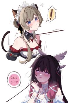 ! 2girls animal_ears bare_shoulders blue_eyes blush breasts brown_hair cat_ears cleavage closed_mouth columbina_(genshin_impact) commentary english_commentary english_text fake_animal_ears genshin_impact gradient_hair hair_ornament headdress highres leash leash_pull long_hair medium_breasts multicolored_hair multiple_girls purple_eyes purple_hair sandrone_(genshin_impact) smile spoken_exclamation_mark sweatdrop wing_hair_ornament yuri zevi_(zevi_ii)