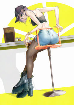 1girl ass bare_shoulders baseball_cap black_boots black_camisole black_pantyhose boots bracelet breasts cafe camisole commentary_request crop_top crossed_ankles cup denim disposable_cup drinking_straw earrings from_behind green_eyes hat high_heels highres inaba_makoto jewelry koushinchou_no_kouhai_to_teishinchou_no_senpai_ga_renai_ni_hatten_suru_made leaning_forward looking_back median_furrow medium_breasts midriff necklace oohara_misaki_(koushinchou_no_kouhai_to_teishinchou_no_senpai_ga_renai_ni_hatten_suru_made) pantyhose pantyhose_under_shorts platform_boots purple_hair restaurant short_hair short_shorts shorts sitting solo stool tall_female thighs
