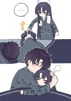 ... 1boy 1girl absurdres black_hair blanket blue_archive character_doll closed_eyes collared_shirt commentary_request couple doll dragon_print grey_eyes grey_halo hair_down halo hetero highres hug je_o_mo jealous kisaki_(blue_archive) long_hair pajamas pillow print_pajamas pulling sensei_(blue_archive) shirt simple_background sleeping souvenir_doll_(blue_archive) sweatdrop towel towel_around_neck white_background