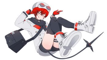 1boy absurdres bag bishounen black_shorts black_socks coat eyewear_on_head full_body gloves hair_ornament hairpin hat highres holding holostars holostars_english long_sleeves looking_at_viewer machina_x_flayon male_focus messenger_bag nekoromancer official_alternate_costume one_eye_closed red_eyes red_gloves red_hair short_hair shorts shoulder_bag simple_background socks solo sunglasses tail thighs tongue tongue_out v virtual_youtuber white_background white_coat