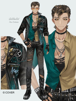 Rule 34 | 1boy, aviator sunglasses, bandolier, belt, black belt, black boots, black eyeshadow, black gloves, black jacket, black nails, black pants, boots, brown hair, bullet, buttons, chain, chain necklace, character name, choker, collarbone, combat boots, copyright notice, dark-skinned male, dark skin, ear piercing, english text, eyebrow cut, eyebrow piercing, eyeshadow, face piercing, feather necklace, fingerless gloves, gloves, goldbullet, goldbullet (3rd costume), green shirt, grey background, hand on own hip, holostars, holostars english, jacket, jewelry, kadeart, large pectorals, leather, leather jacket, lip piercing, makeup, male focus, mullet, multicolored shirt, multiple views, nail polish, necklace, official alternate costume, official alternate hair length, official alternate hairstyle, official art, pants, pectoral cleavage, pectorals, piercing, pin, plunging neckline, pompadour, punk, reference sheet, ring, ring necklace, shirt, silver necklace, simple background, snakebite (piercing), solo, spiked choker, spikes, split-color clothes, steel-toe boots, straight-on, studded belt, studded gloves, sunglasses, torn clothes, torn pants, torn shirt, two-tone shirt, virtual youtuber, yellow eyes, yellow shirt