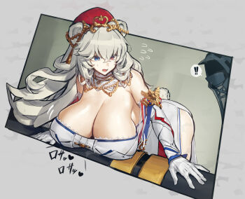 Rule 34 | !, !!, 1girl, 1other, alternate breast size, animal ears, arknights, bear ears, bear tail, blue eyes, breasts, detached collar, doctor (arknights), dress, elbow gloves, gloves, hat, heterochromia, huge breasts, jewelry, leaning forward, long hair, melon22, necklace, official alternate costume, red eyes, rosa (arknights), rosa (masterpiece) (arknights), strapless, strapless dress, tail, white gloves, white hair