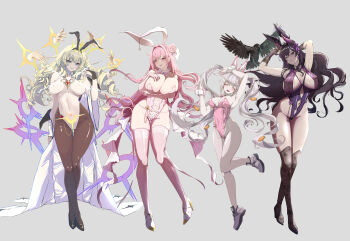 absurdres alice_(nikke) alice_(wonderland_bunny)_(nikke) alternate_costume bird breasts crow crown_(naked_king)_(nikke) crown_(nikke) dorothy_(nikke) full_body goddess_of_victory:_nikke grey_background harran_(nikke) highres hyotenka_ichido official_alternate_costume playboy_bunny reverse_bunnysuit reverse_outfit simple_background